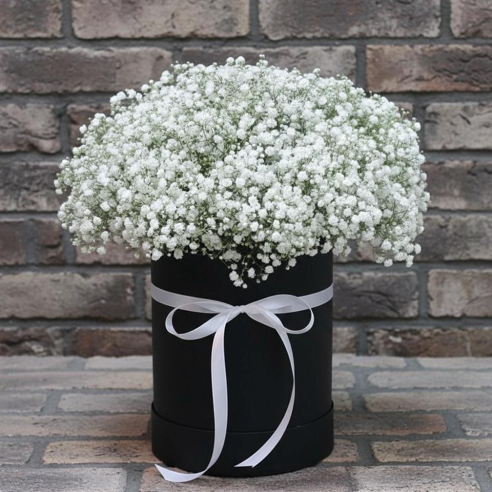 Цветочная композиция из Гипсофила в шляпной коробке в Пионерском Республика Крым