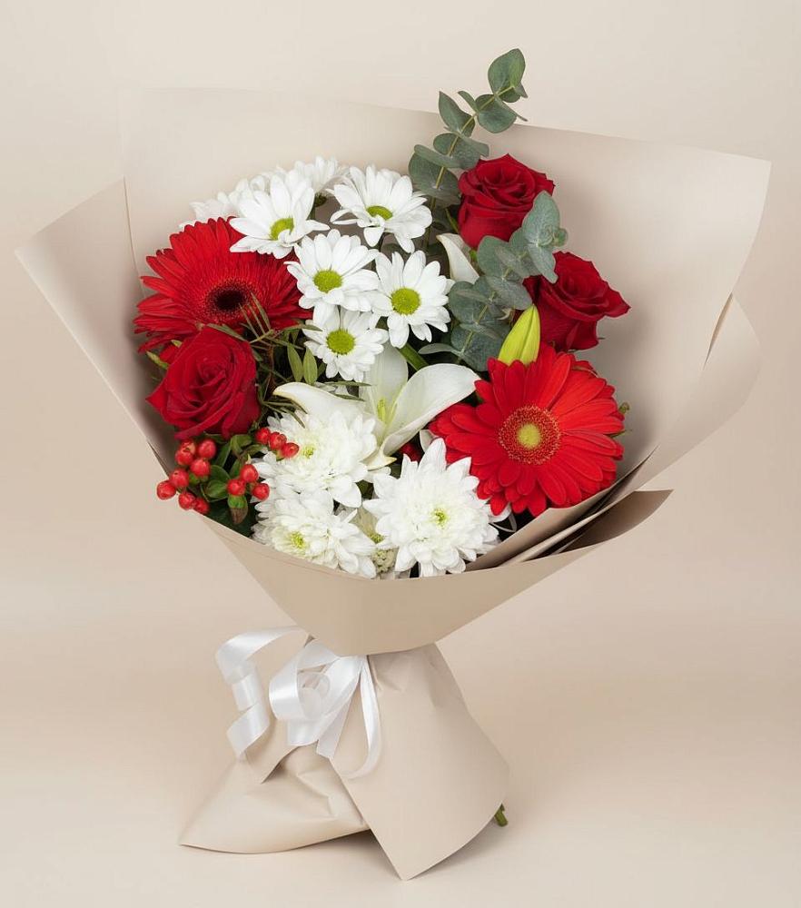 Букет цветов из: Розы, Хризантемы, Герберы и Лилии в Пионерском Республика Крым