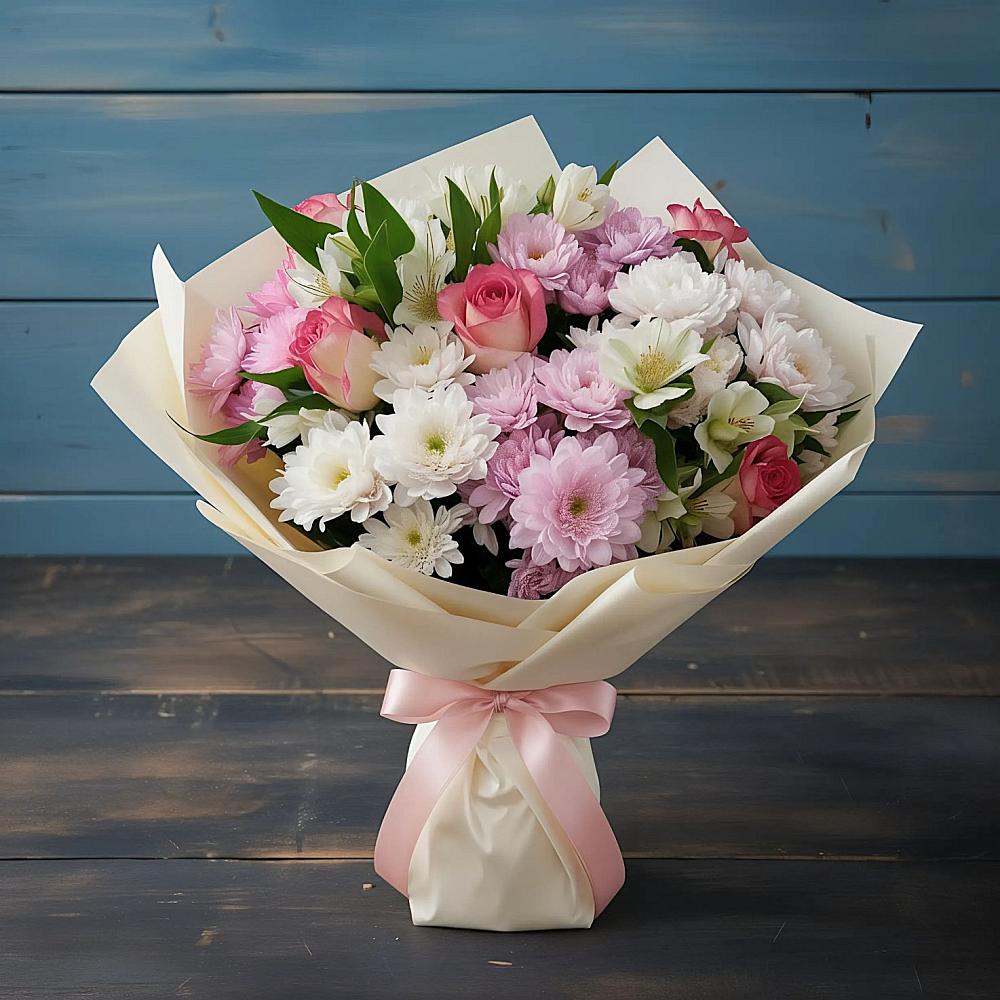 Букет цветов из: Хризантемы, Альстромерии и Розы в Пионерском Республика Крым